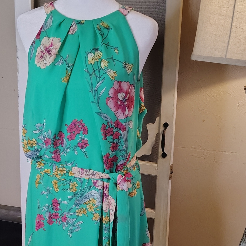 R&K Floral Green Summer Halter Maxi Dress Size 14 - Picture 2 of 10